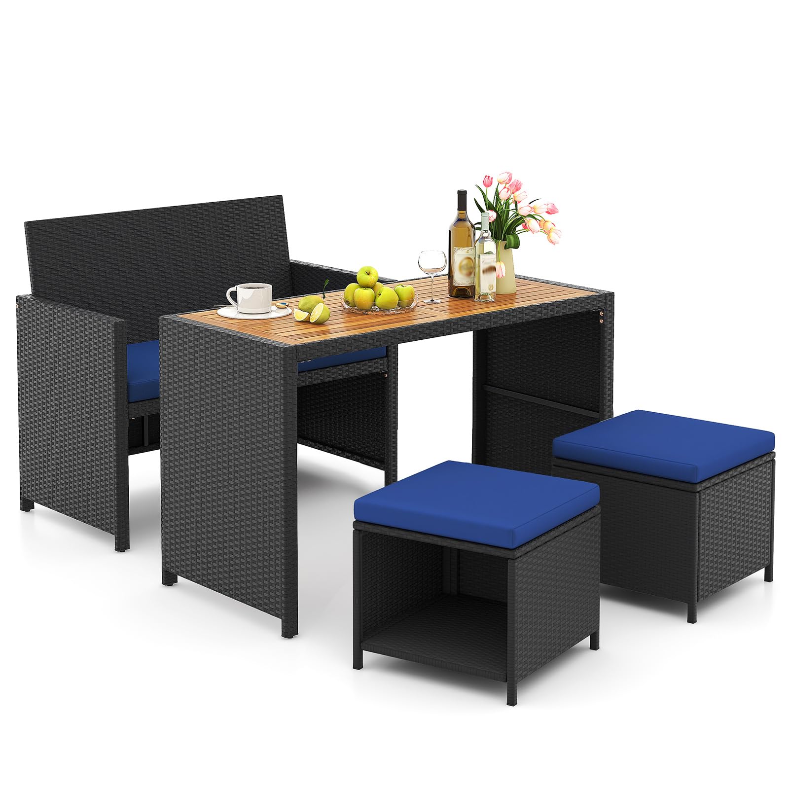 Tangkula Ensemble de 4 pièces de salle à manger de patio, causeuse en rotin PE peu encombrante avec table à manger en bois d'acacia
